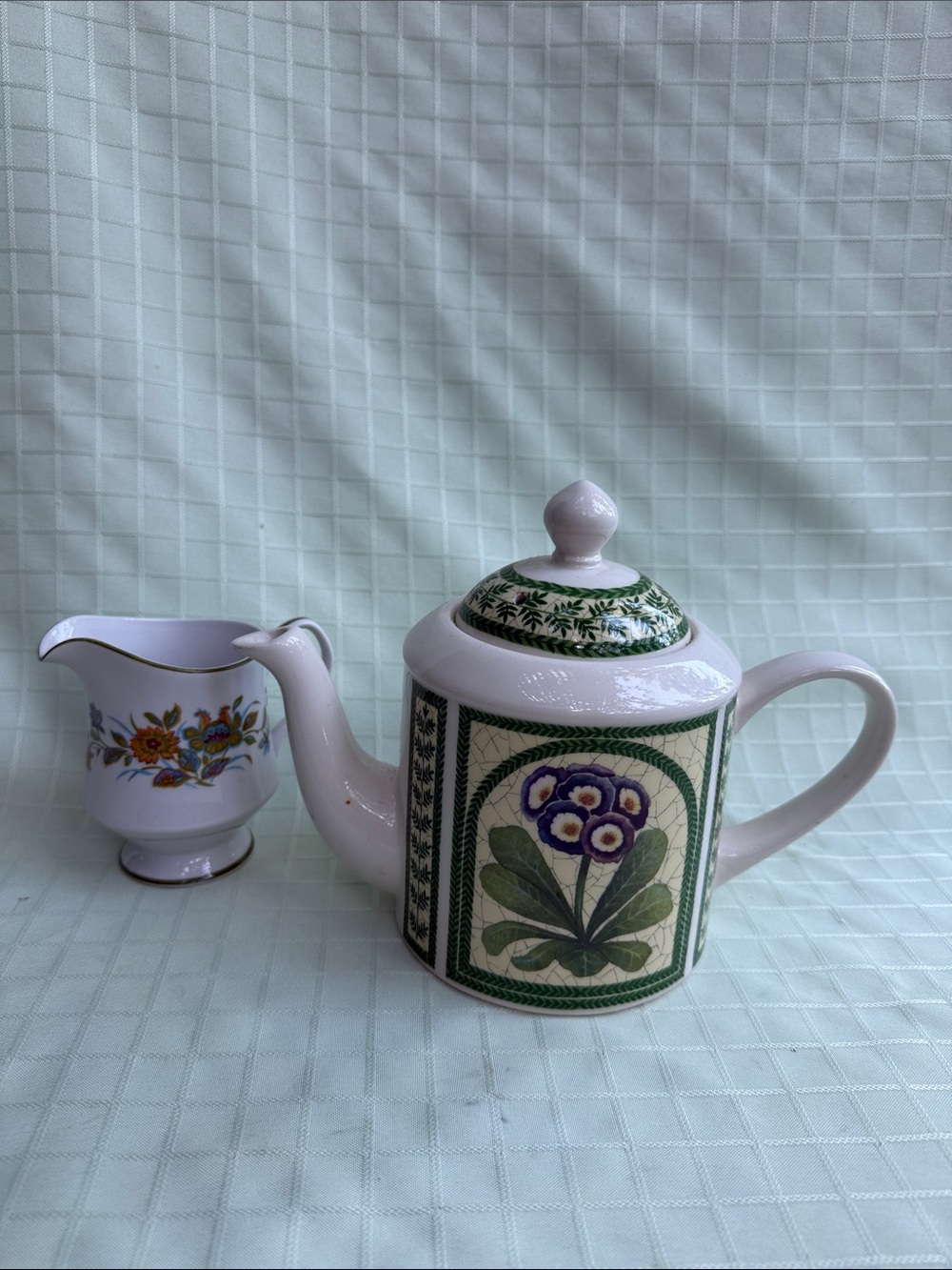 Vintage Large Floral Ceramic Teapot with Green Botanical Design and Creamer